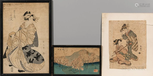 Three Woodblock Prints, Japan, one by Kikugawa Eizan (1787-1...