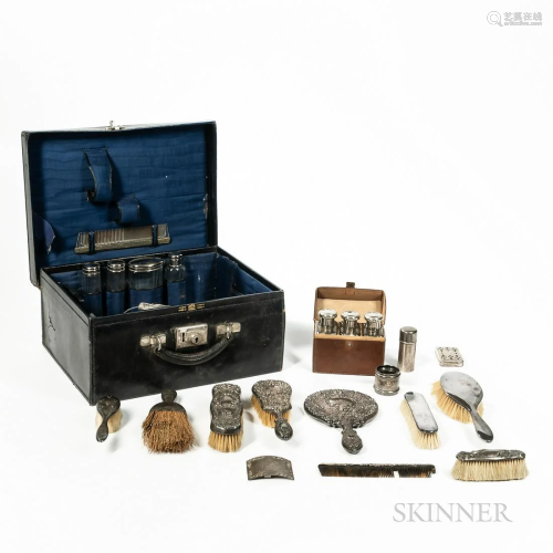 Cased Silver Traveling Vanity Set with Extra Pieces, includi...