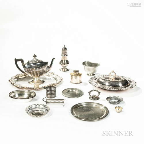 Sixteen Silver-plated, Sterling, and Pewter Table Items, Old...