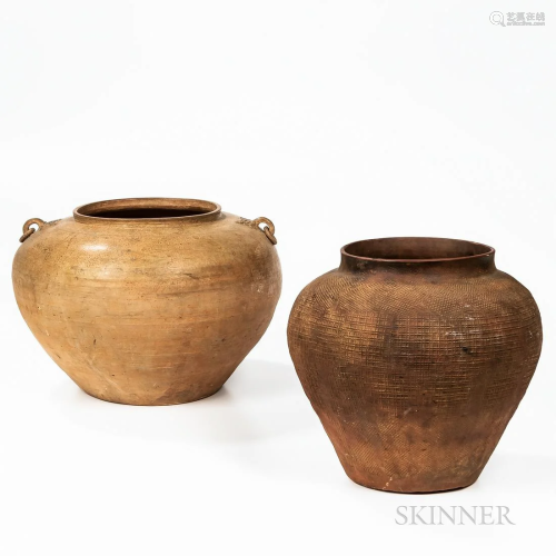 Two Archaic Ash-glazed Storage Jars, China, Han dynasty, a y...