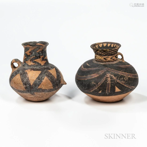 Two Small Painted Pottery Funerary Urns, China, Neolithic pe...