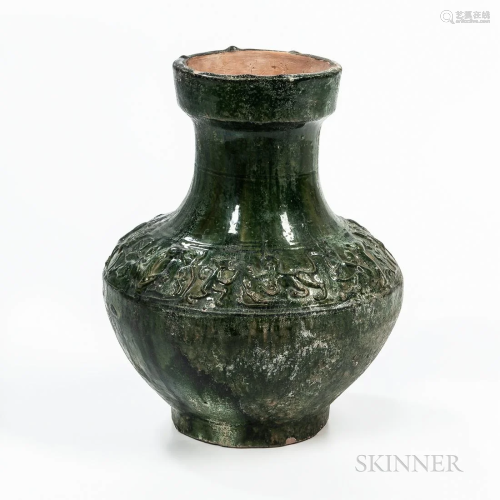 Iridescent Green-glazed Hu-form Jar, China, Han-style, with ...