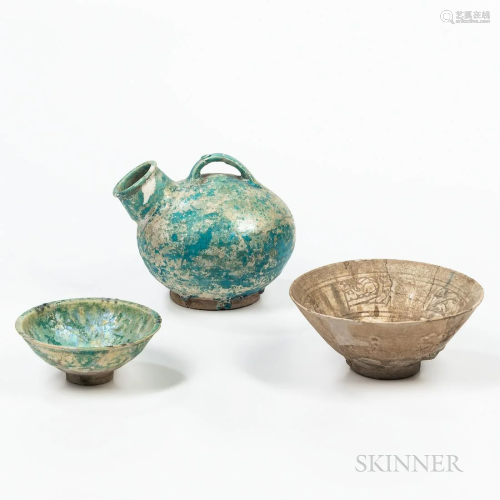 Three Islamic Earthenware Items, Iran, two Kashan-style irid...