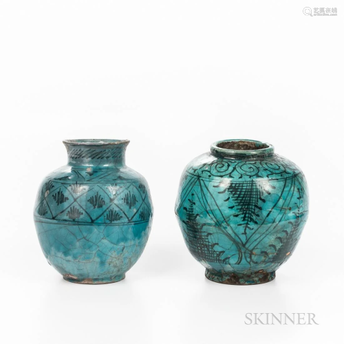 Two Turquoise Blue-glazed Kashan Pottery Jars, Iran, both gl...