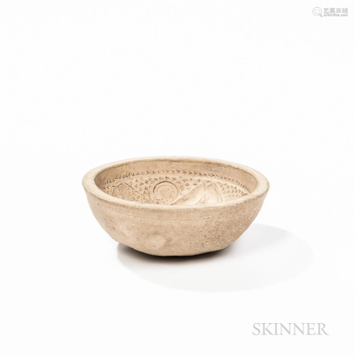Buff Pottery Bowl, Middle East, the low bowl with a flat mou...