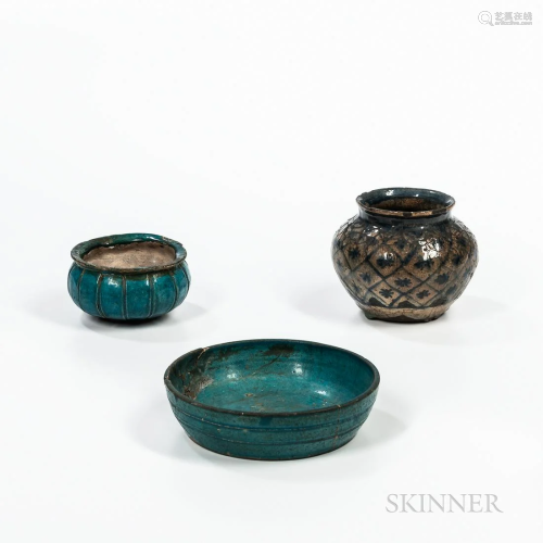 Three Islamic Glazed Stoneware Items, Iran, two turquoise bl...