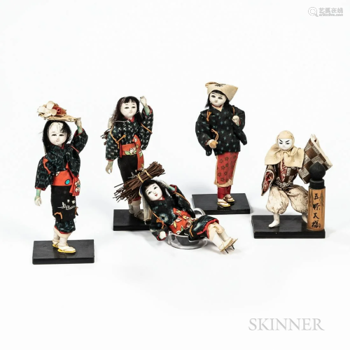 Five Kimekomi Dolls, Japan, in various poses and costumes, f...
