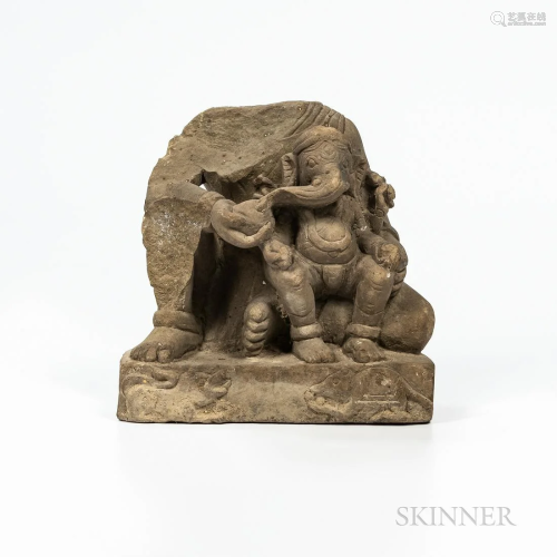 Gray Stone Fragment of Ganesha, India, depicted seated on th...