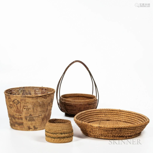 Four Woven Baskets, a round, rattan basket with three-ply ca...