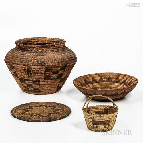 Four Southwest Coiled Basketry Weavings, large Apache olla, ...