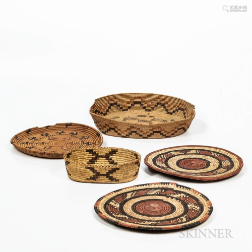 Five Coiled Polychrome Basketry Items, two multicolored flat...