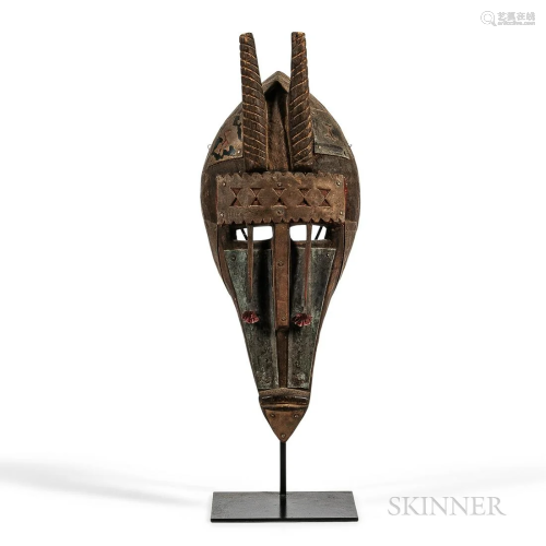 Bamana Carved Wood Ntomo-style Mask, the long snout with elo...