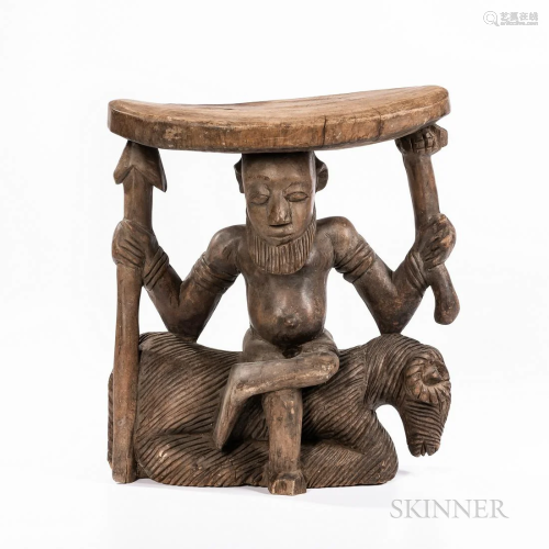 Cameroon Wood Stool, the figure of a man, sitting on a ram, ...