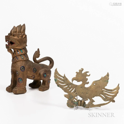 Carved Wood Guardian Lion and a Bronze Plaque of Garuda, Tha...