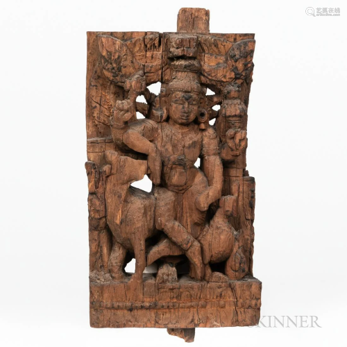 Carved Wood Panel, India, depicting Vishnu holding a conch i...