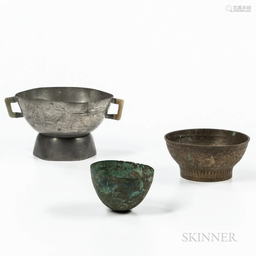 Three Asian Metal Items, a tin footed bowl with hardstone ha...