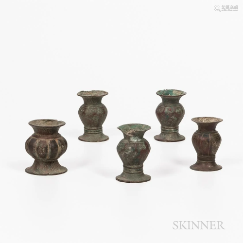 Five Miniature Cast Bronze Vases, India, a set of three; one...