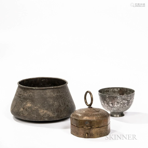 Three Islamic Brass Items, Iran, a silvered deep stem bowl, ...