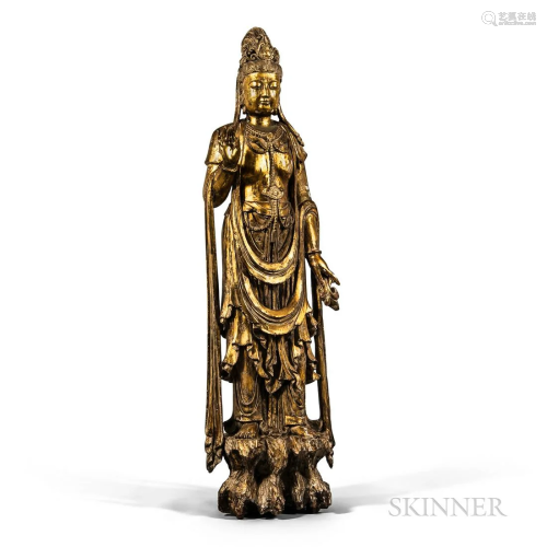 Monumental Carved Gilt-wood Figure of Guanyin, China, Ming-s...