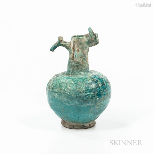 Turquoise Blue-glazed Kashan Zoomorphic Ewer, Iran, possibly...