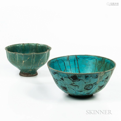 Two Turquoise Blue-glazed Kashan Bowls, Iran, late 12th/13th...