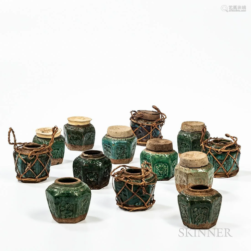 Thirteen Green-glazed Stoneware Jarlets, China, Ming-style, ...