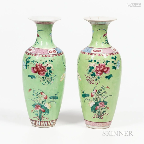 Pair of Famille Rose Green-ground Vases, China, 19th/20th ce...