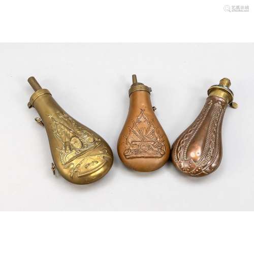 Set of 3 powder flasks, 19th c