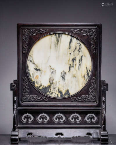 CHINESE ROSEWOOD INLAID MARBLE SCREEN, QING DYNASTY