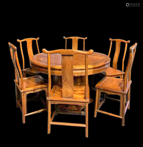 SET OF CHINESE YELLOW PEAR WOOD TABLES AND CHAIRS, MING DYNA...