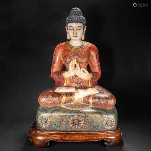 CHINESE WHITE MARBLE PAINTED GOLD BUDDHA STATUE, QING DYNAST...