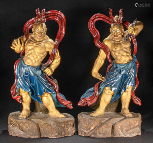 PAIR OF CHINESE BLUESTONE PAINTED LUO HAN, QING DYNASTY