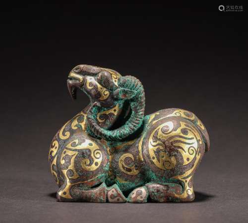 CHINESE BRONZE SHEEP INLAID WITH GOLD, HAN DYNASTY