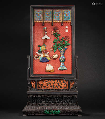 CHINESE ROSEWOOD TABLE SCREEN INLAID WITH MANY TREASURES, QI...
