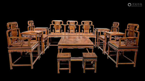CHINESE YELLOW PEAR WOOD TABLE AND CHAIR TWELVE SETS, MING D...