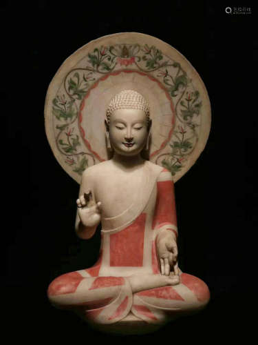 CHINESE WHITE MARBLE PAINTED BUDDHA, TANG DYNASTY