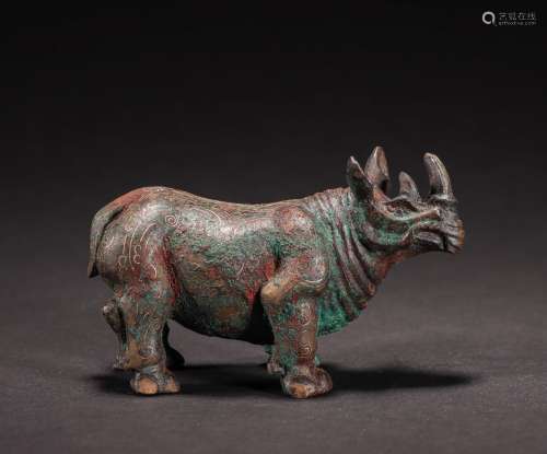 CHINESE BRONZE AND SILVER RHINOCEROS, HAN DYNASTY