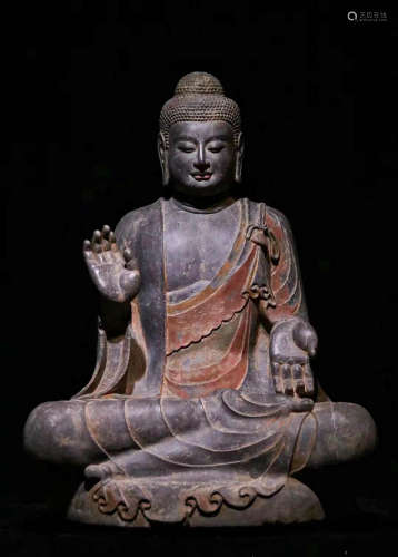 CHINESE BLUESTONE PAINTED BUDDHA STATUE, NORTHERN QI DYNASTY