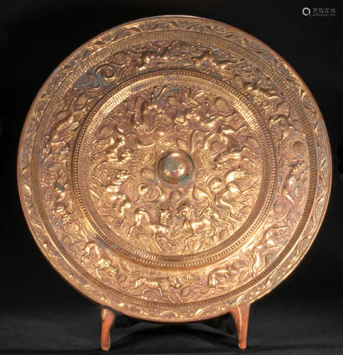 CHINESE GILT BRONZE MIRROR, TANG DYNASTY