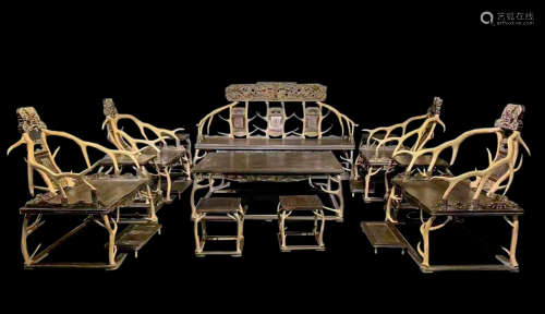 CHINESE ANTLER DESK AND CHAIR SET, QING DYNASTY