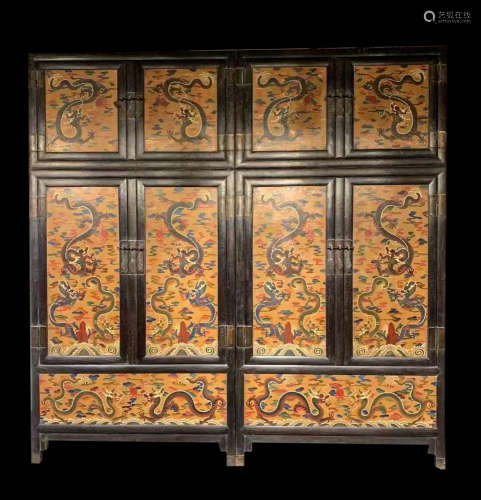 A PAIR OF CHINESE ROSEWOOD INLAID LACQUER CABINETS, QING DYN...