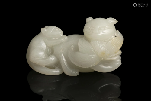 A WHITE JADE GROUP OF TWO CATS WITH A BUTTERFLY 玉耄耋 CHINA...