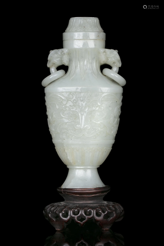 A JADE VASE AND COVER OF ARCHAISTIC FANGHU SHAPE CHINA, LATE...