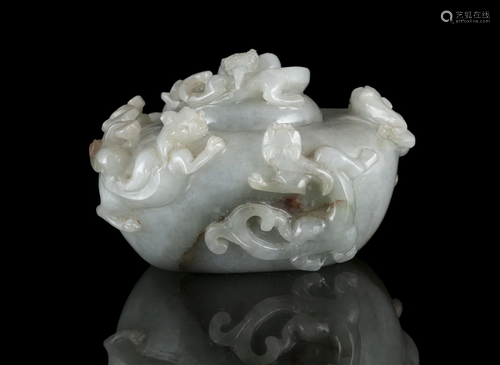 A JADEITE JADE ‘CHI DRAGON’ INCENSE BURNER AND COVER OR CENS...