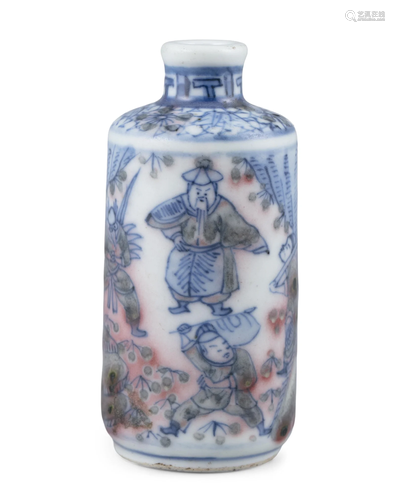 AN IRON RED AND COBALT BLUE ‘WARRIOR’ PORCELAIN SNUFF BOTTLE...