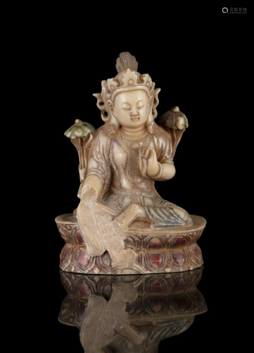 A PARCEL POLYCHROMED SHOUSHAN STONE CARVING OF A DEITY CHINA...
