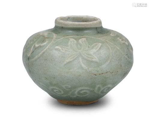 A LONGQUAN CELADON STONEWARE WATER POT WITH APPLIED FLORAL D...