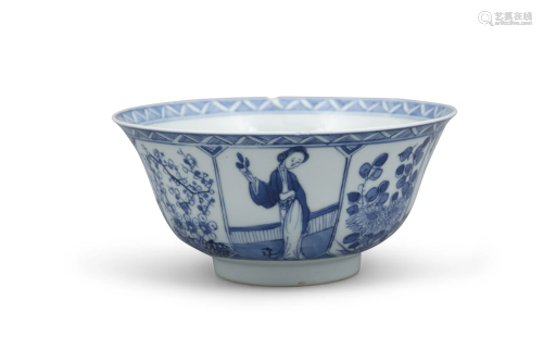 A BLUE AND WHITE 'LADIES AND FLOWERS' PORCELAIN BO...