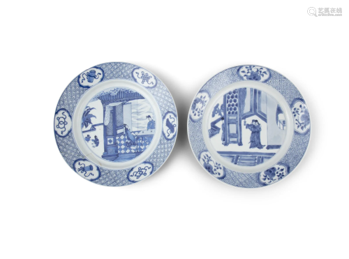 A NEAR PAIR OF BLUE AND WHITE 'ROMANCE OF THE WESTERN C...