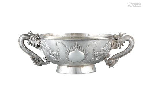 A CHINESE EXPORT SILVER TWO-HANDLED ‘DRAGON’ CUP BY KWONG MA...